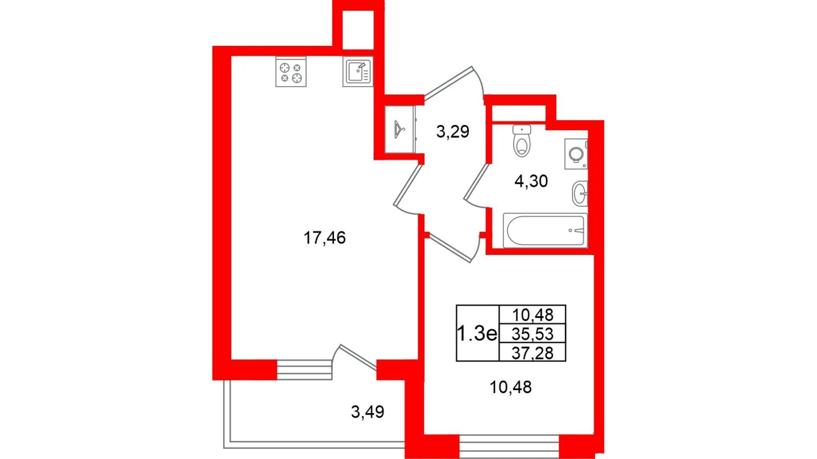 Планировка: 1-комнатная квартира, 35,5 м²