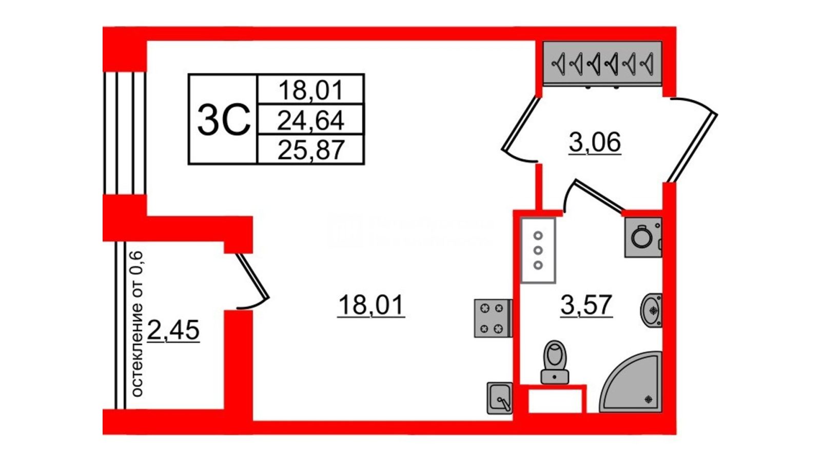 Планировка: студия, 24,6 м²