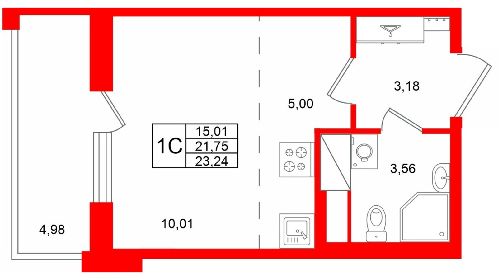 Планировка: студия, 21,8 м²