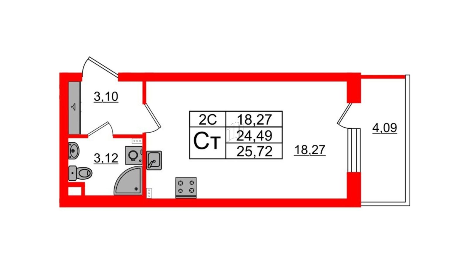 Планировка: студия, 24,5 м²