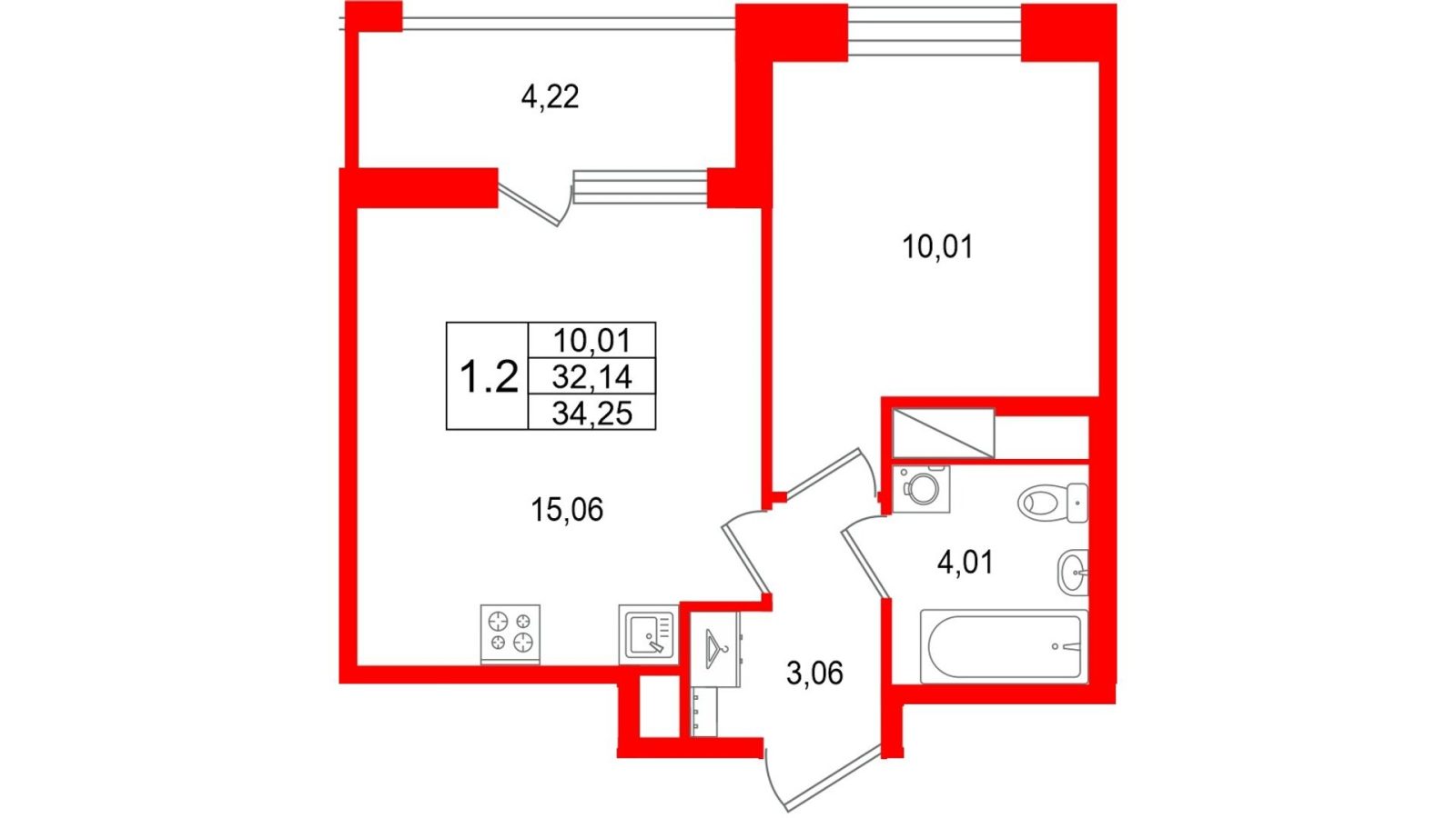 Планировка: 1-комнатная квартира, 32,1 м²