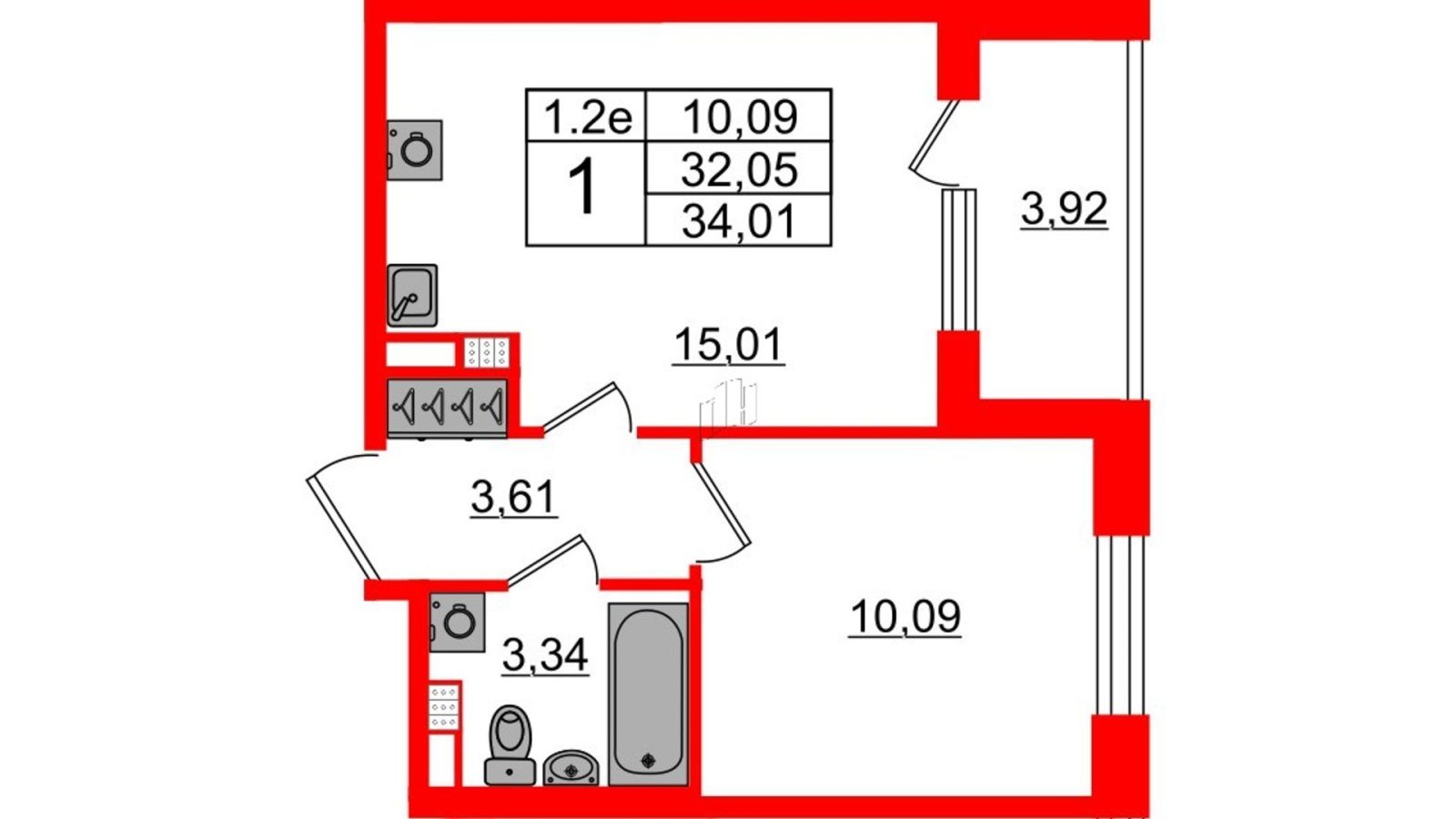 Планировка: 1-комнатная квартира, 32,1 м²