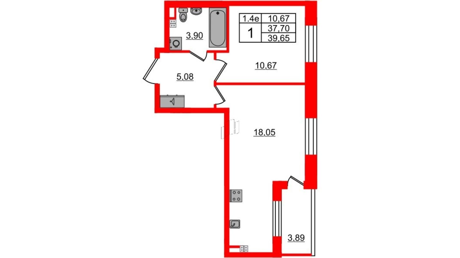Планировка: 1-комнатная квартира, 37,7 м²