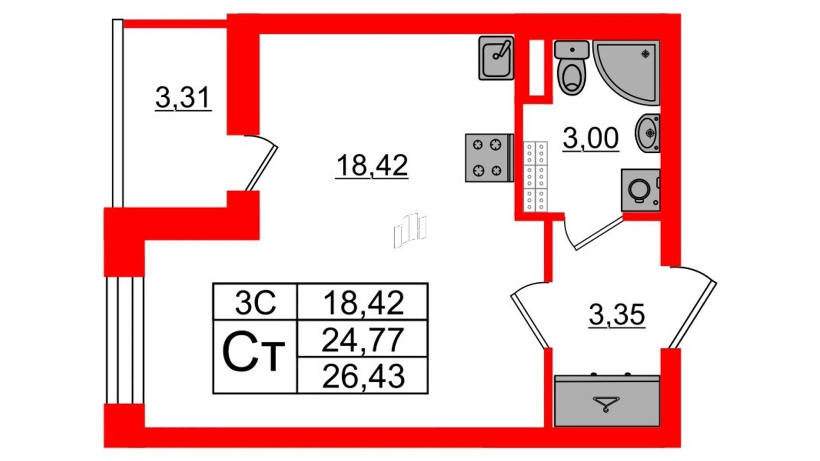 Планировка: студия, 24,8 м²