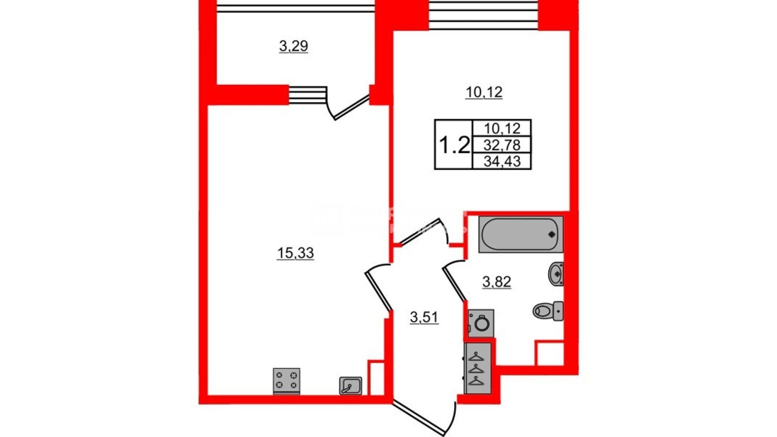 Планировка: 1-комнатная квартира, 32,8 м²