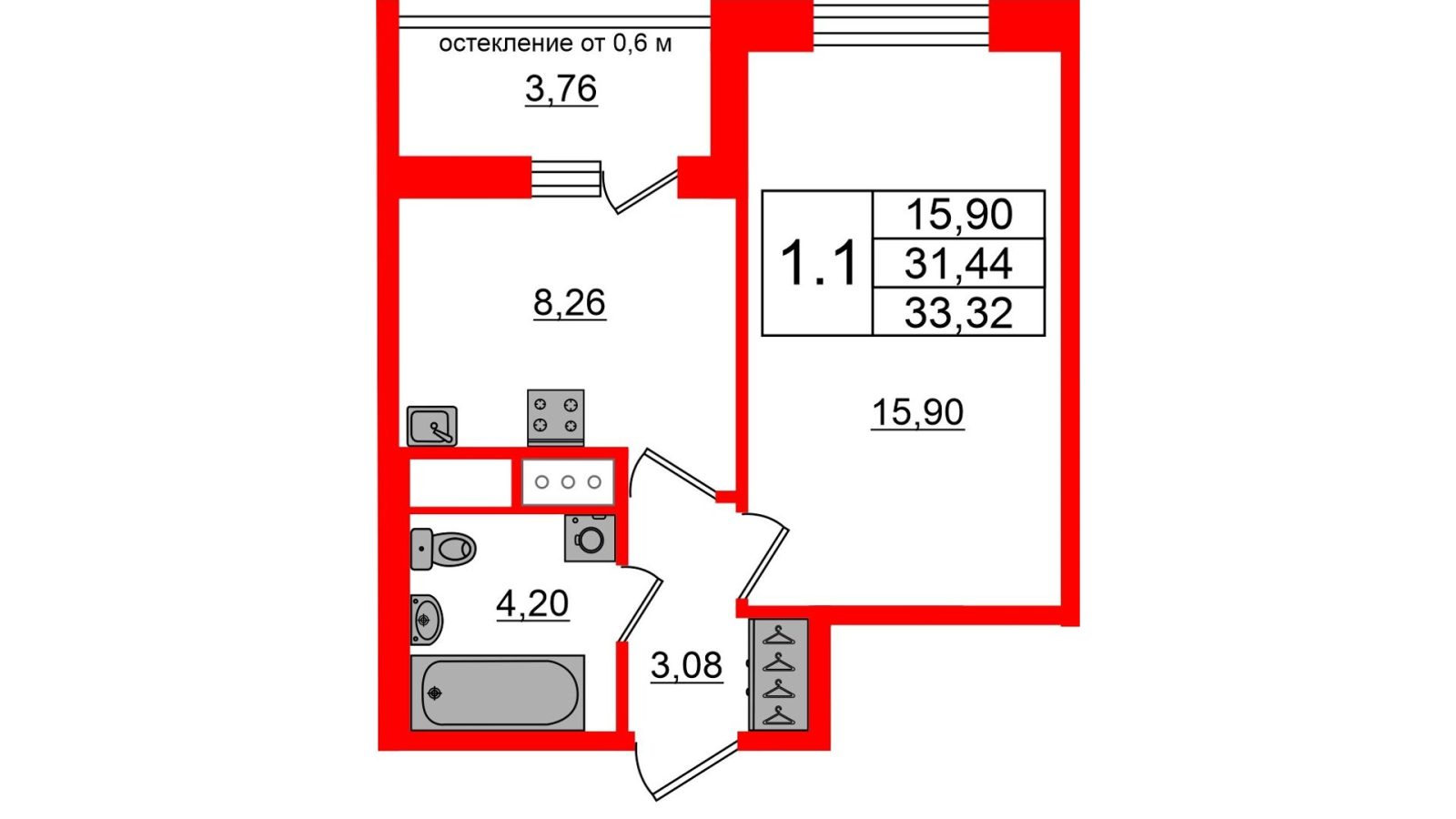 Планировка: 1-комнатная квартира, 31,4 м²