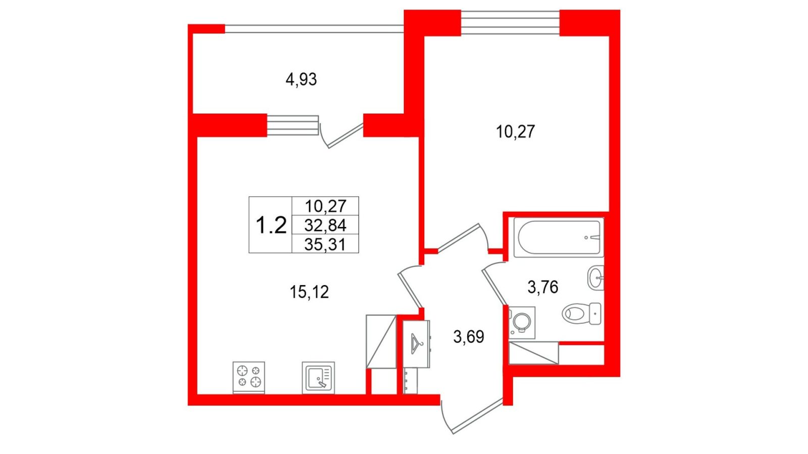 Планировка: 1-комнатная квартира, 32,8 м²
