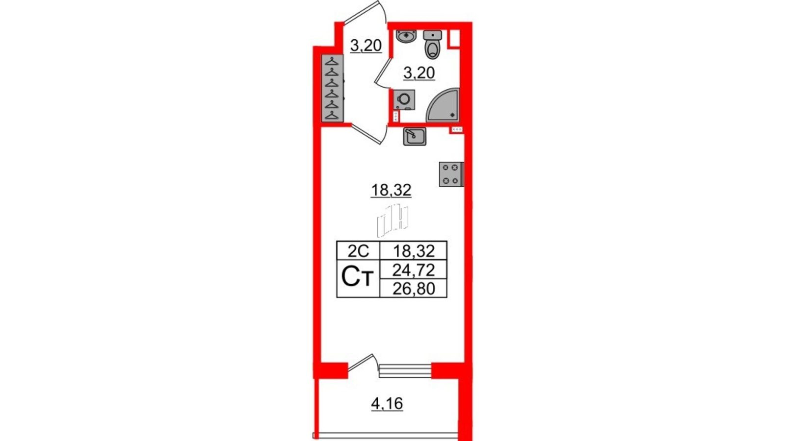 Планировка: студия, 24,7 м²