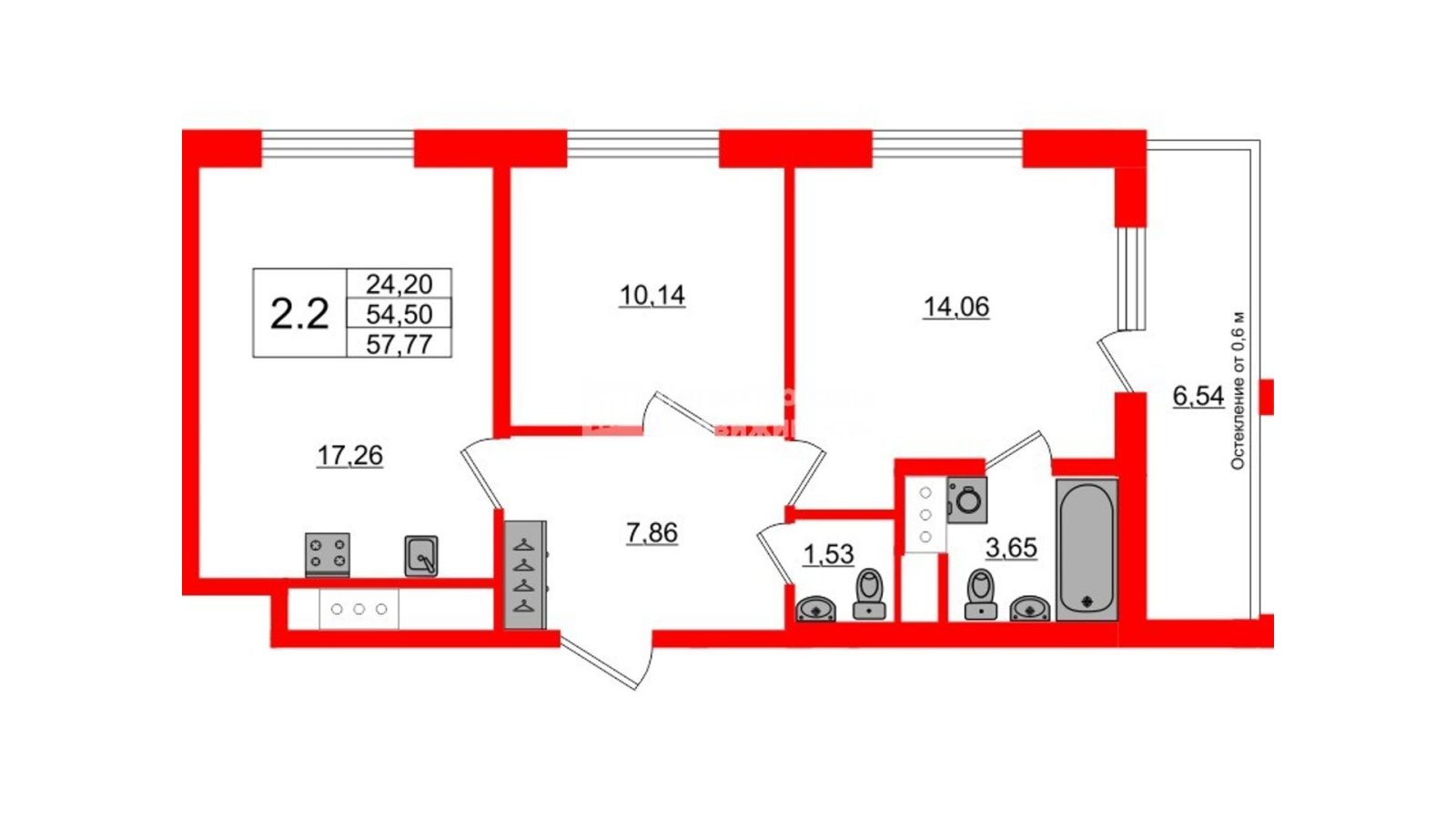Планировка: 2-комнатная квартира, 54,5 м²