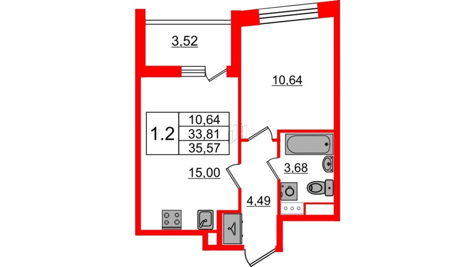 Планировка: 1-комнатная квартира, 33,8 м²