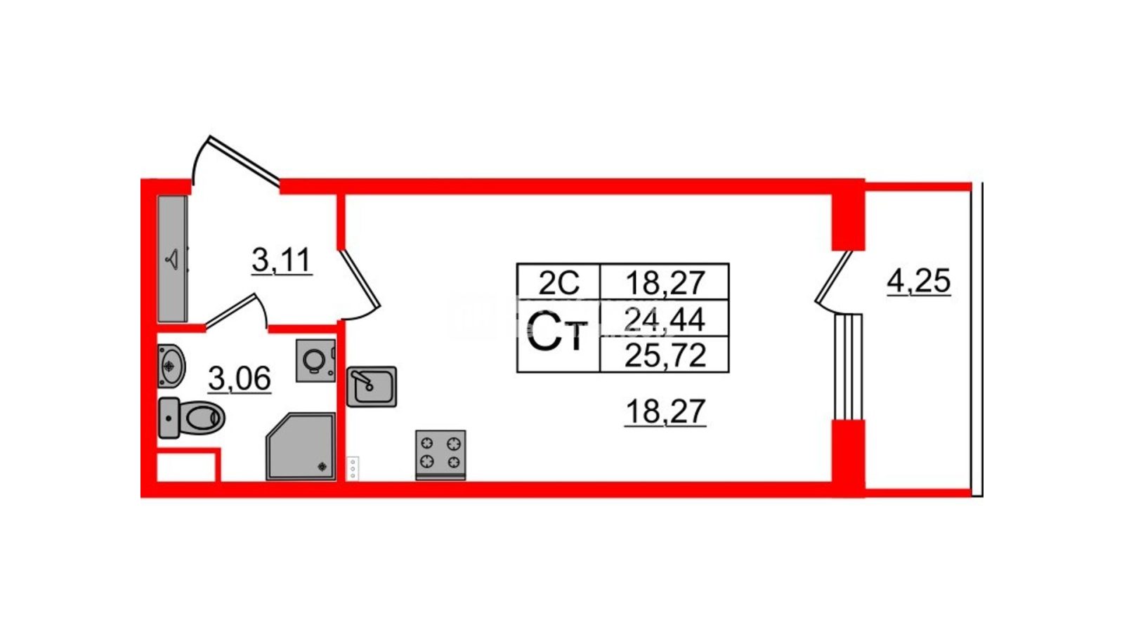 Планировка: студия, 24,2 м²
