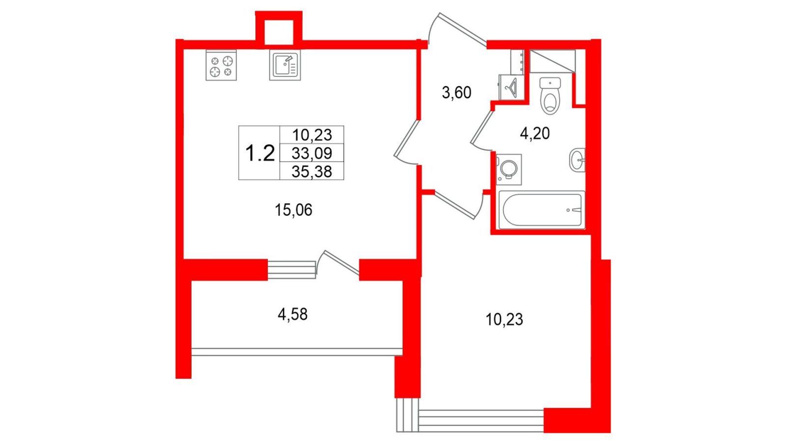 Планировка: 1-комнатная квартира, 33,1 м²
