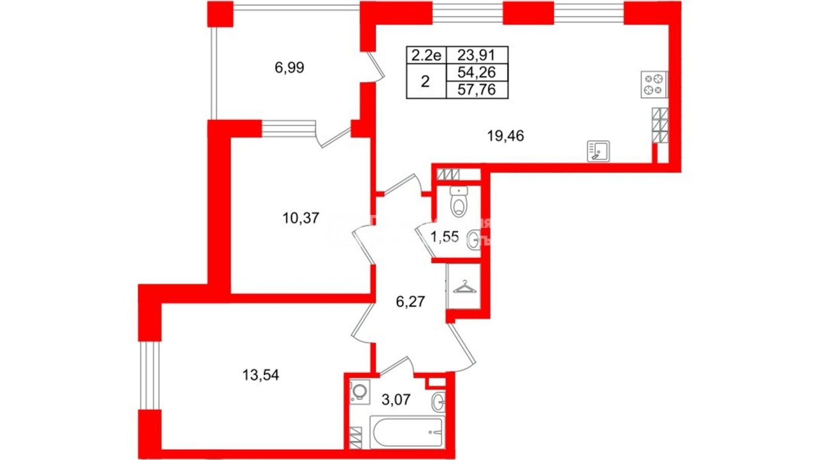 Планировка: 2-комнатная квартира, 54,3 м²