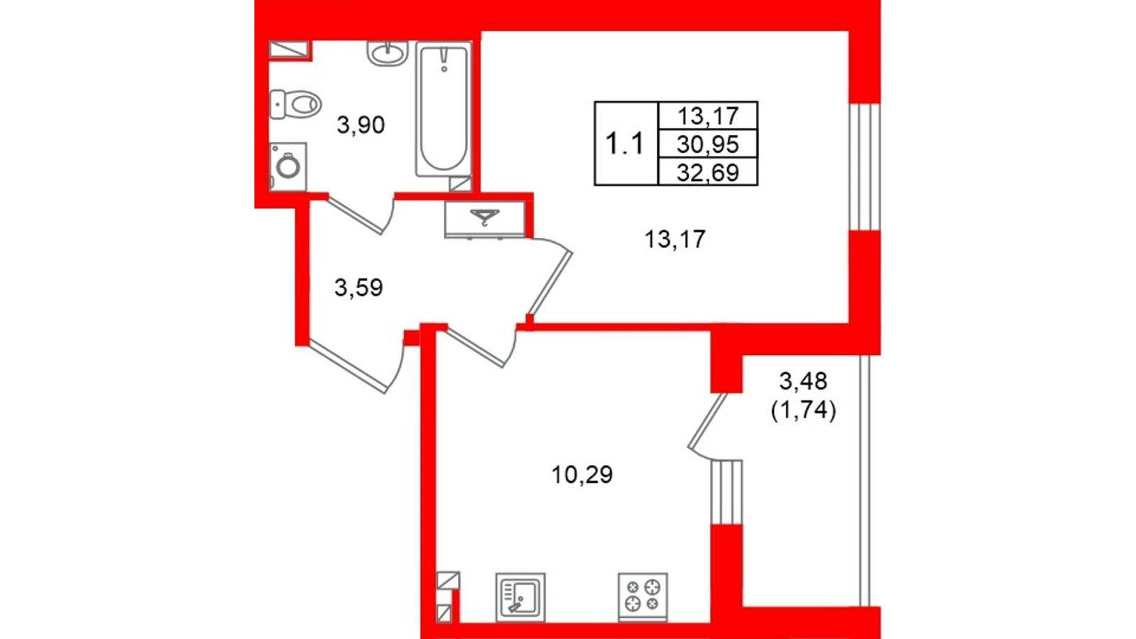 Планировка: 1-комнатная квартира, 31,0 м²