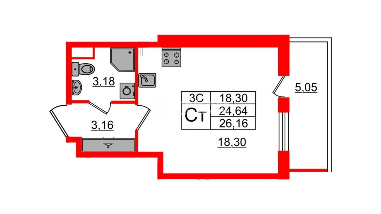 Планировка: студия, 24,5 м²