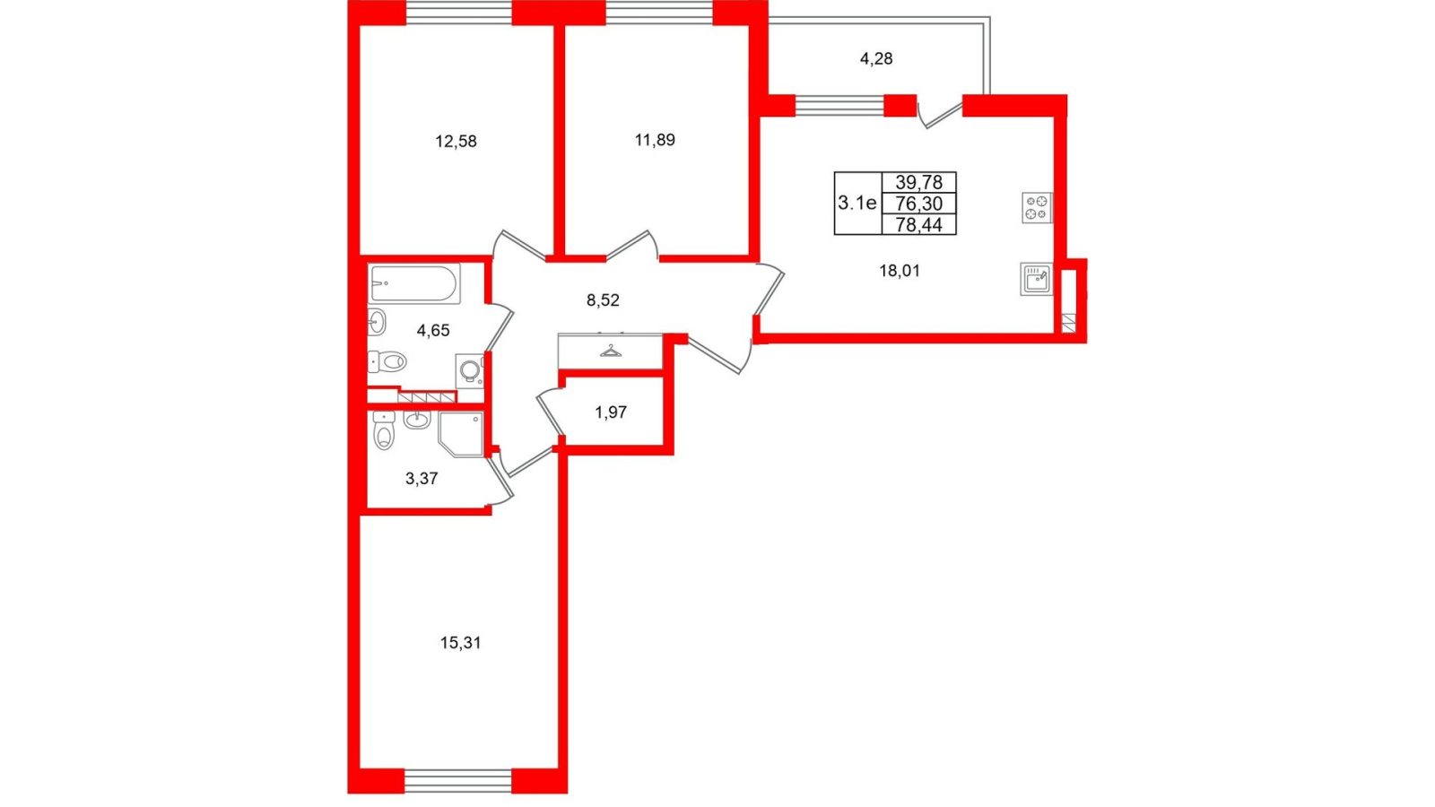 Планировка: 3-комнатная квартира, 76,3 м²