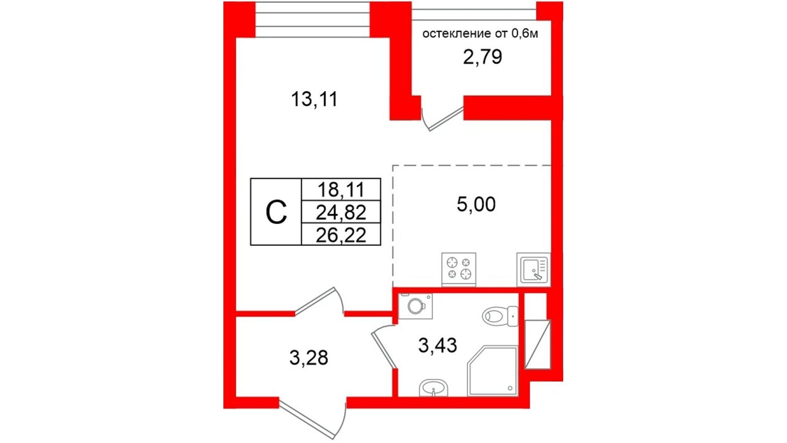 Планировка: студия, 24,8 м²