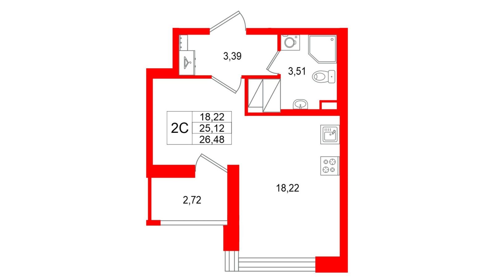 Планировка: студия, 25,1 м²
