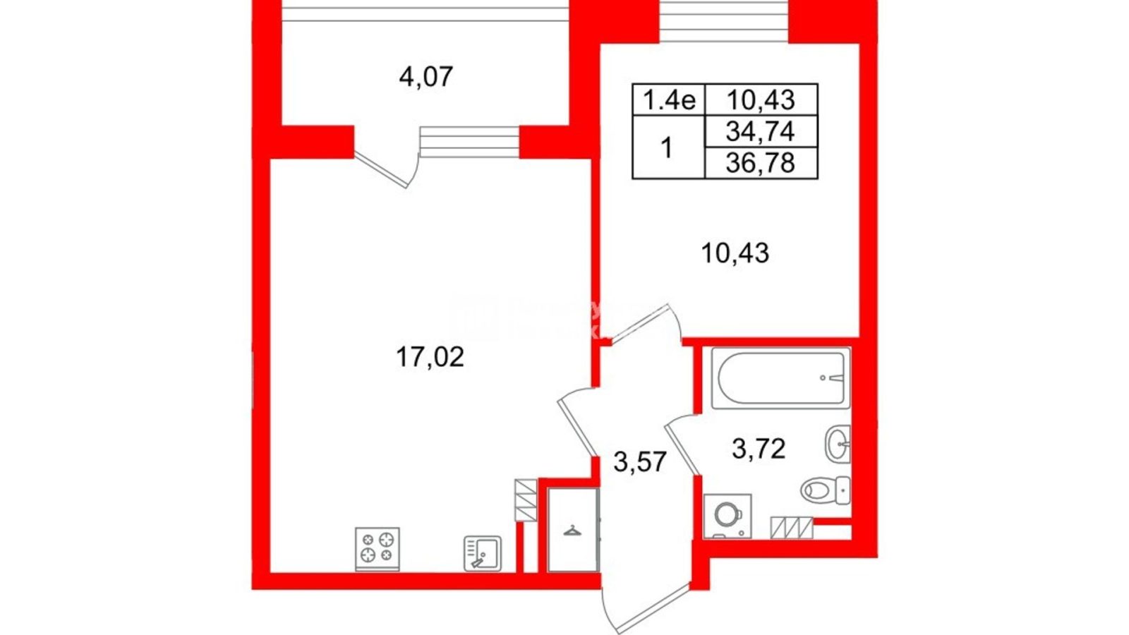 Планировка: 1-комнатная квартира, 34,7 м²