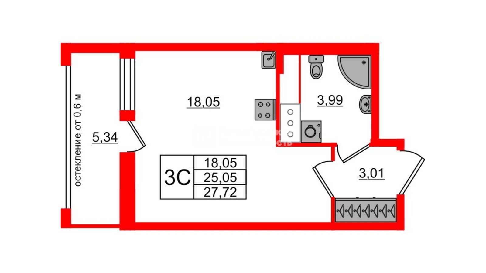 Планировка: студия, 25,1 м²