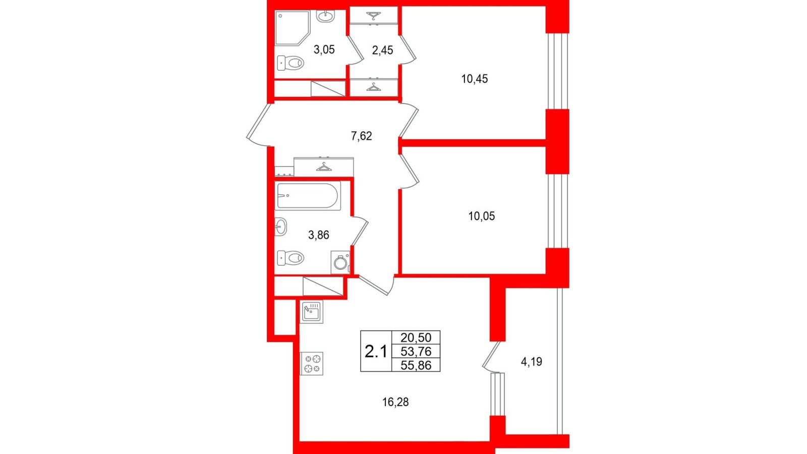 Планировка: 2-комнатная квартира, 53,8 м²