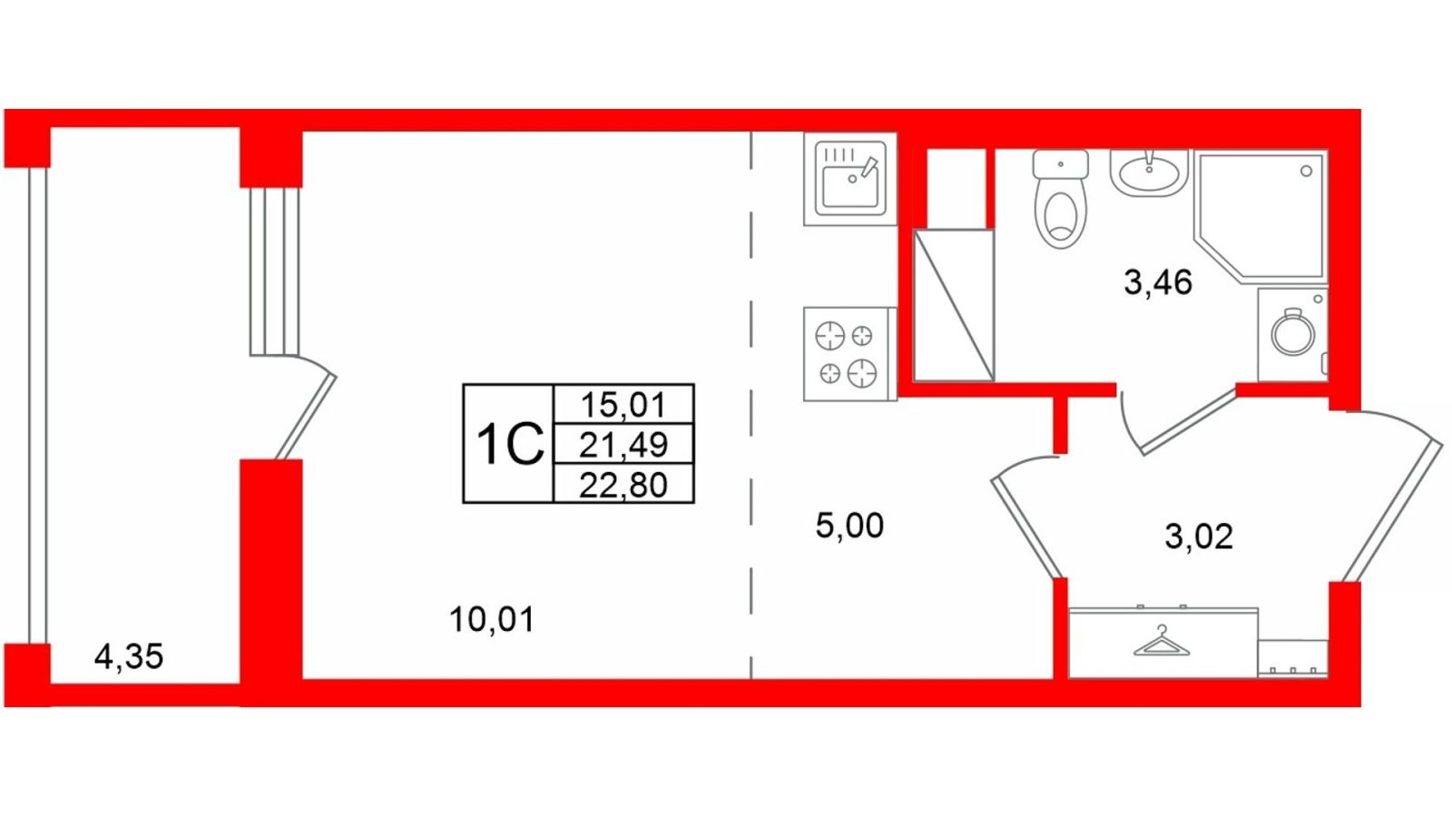 Планировка: студия, 21,5 м²