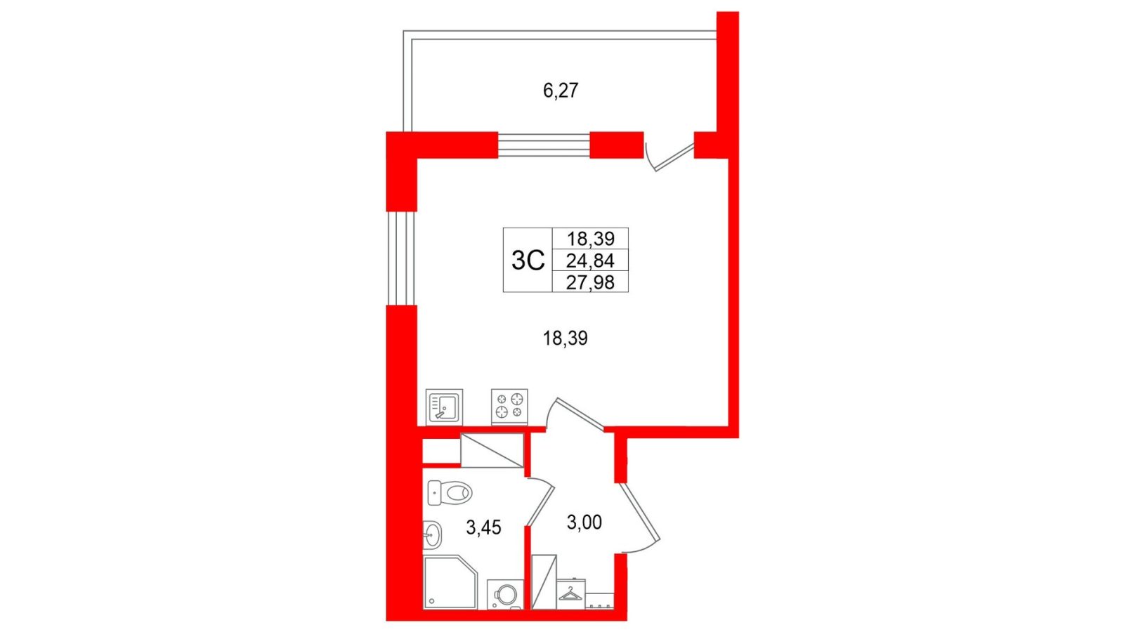 Планировка: студия, 24,8 м²