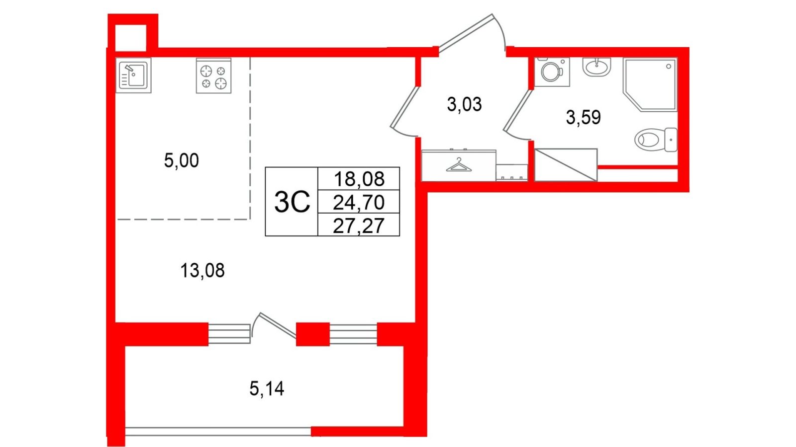Планировка: студия, 24,7 м²