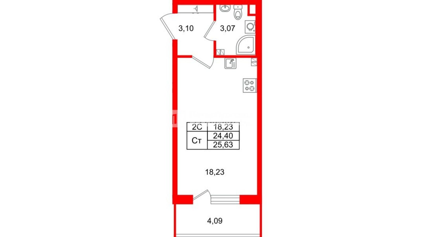 Планировка: студия, 24,4 м²