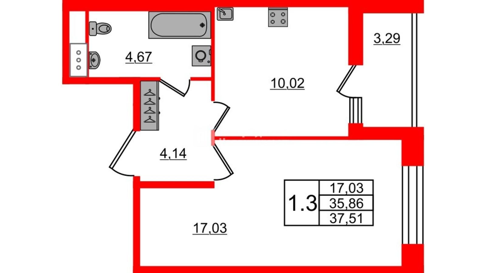 Планировка: 1-комнатная квартира, 35,9 м²