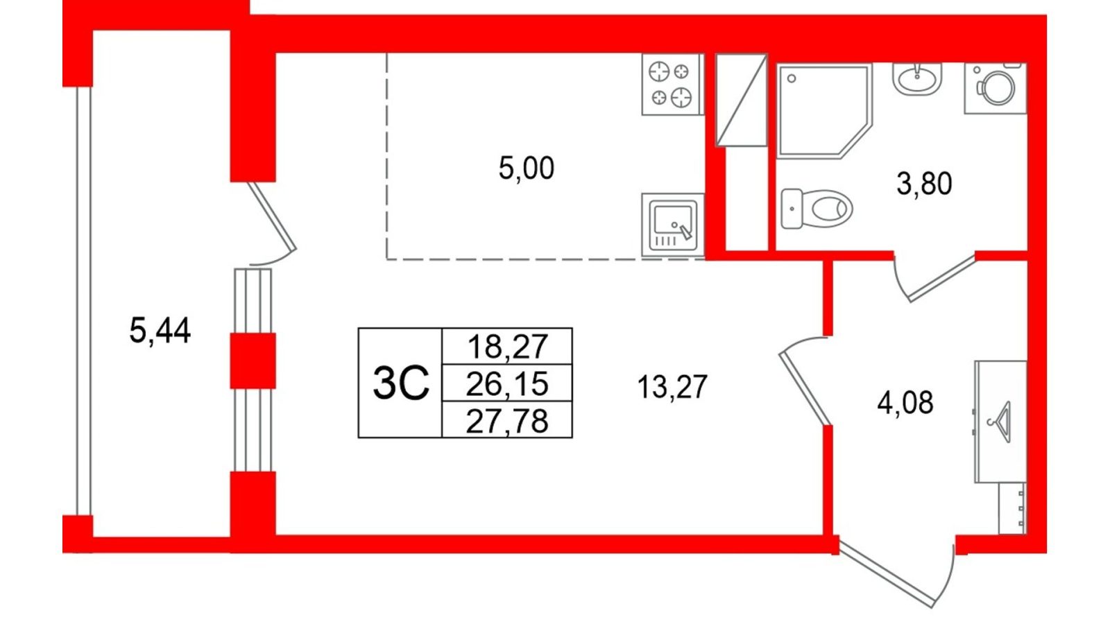 Планировка: студия, 26,2 м²