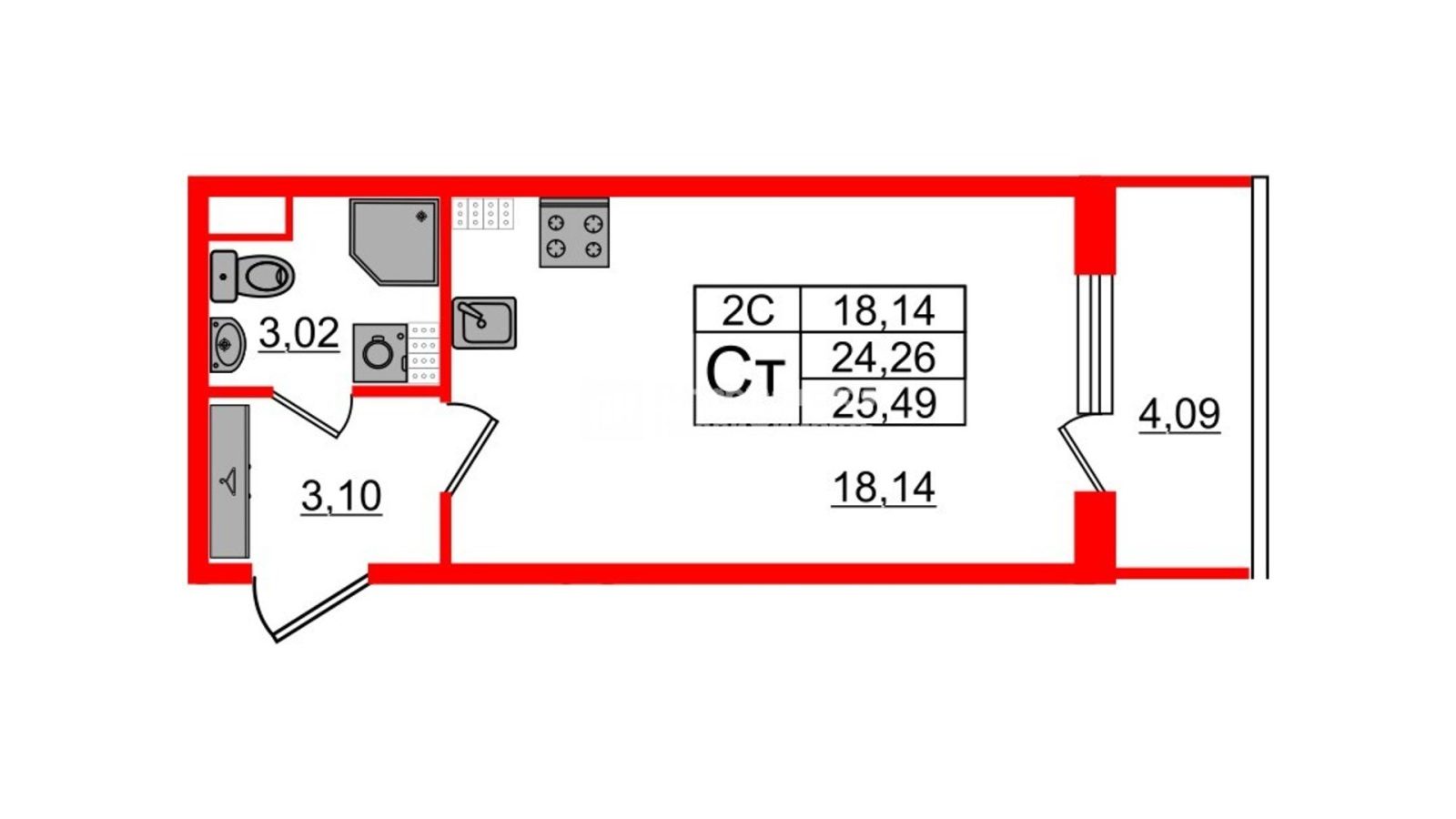 Планировка: студия, 23,8 м²
