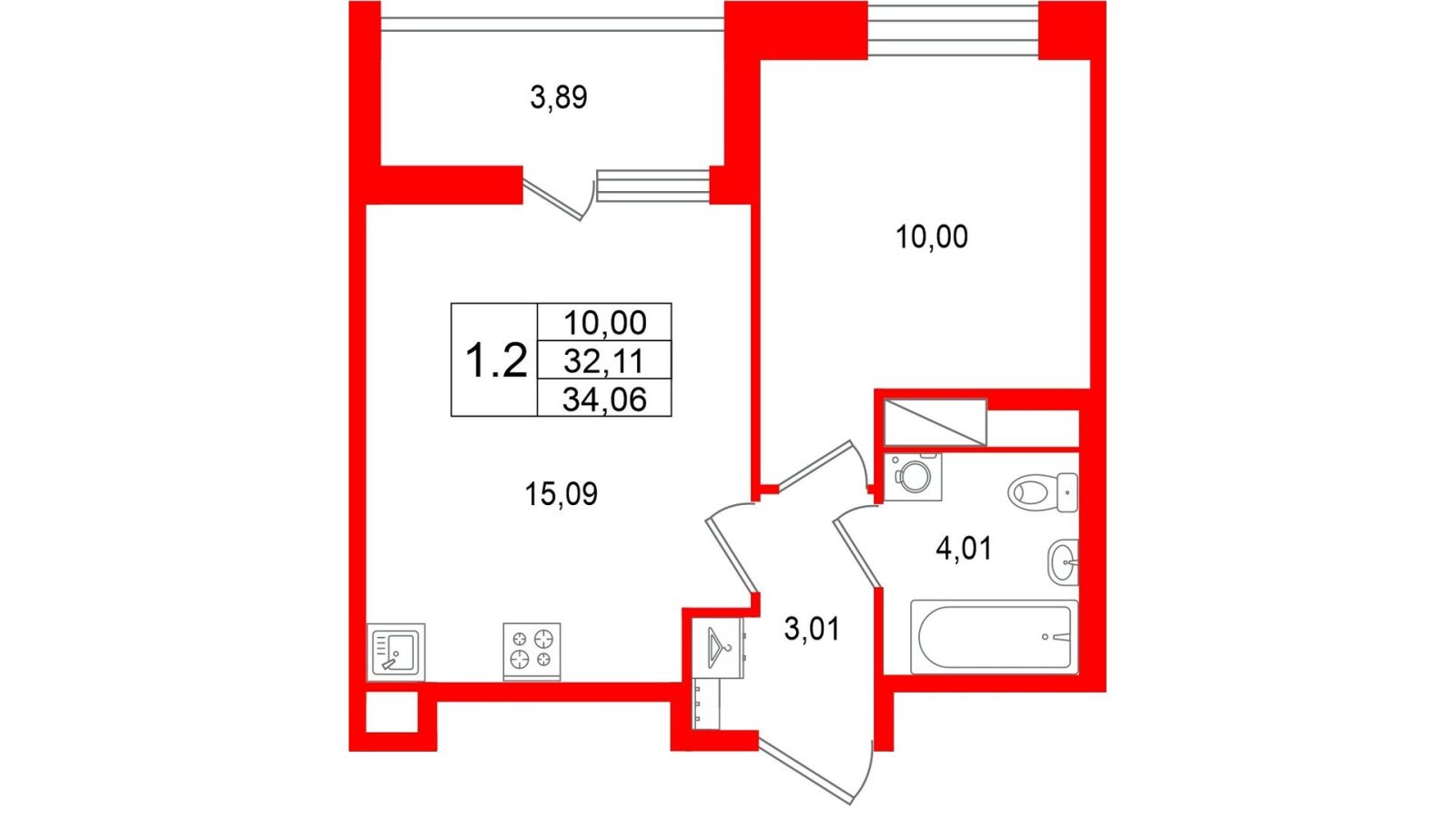 Планировка: 1-комнатная квартира, 32,1 м²