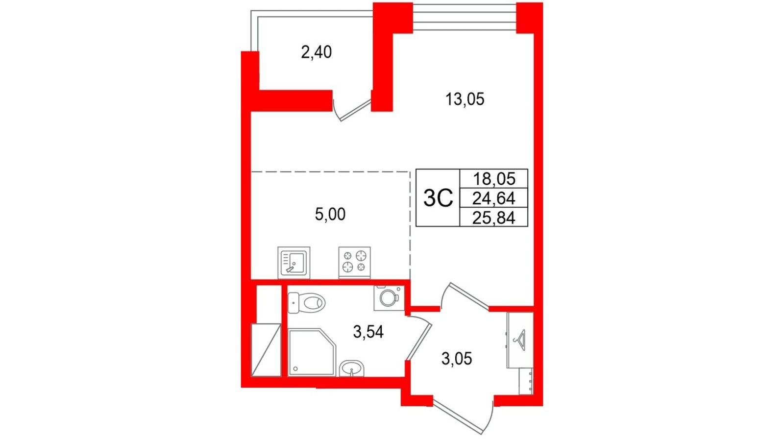 Планировка: студия, 24,6 м²