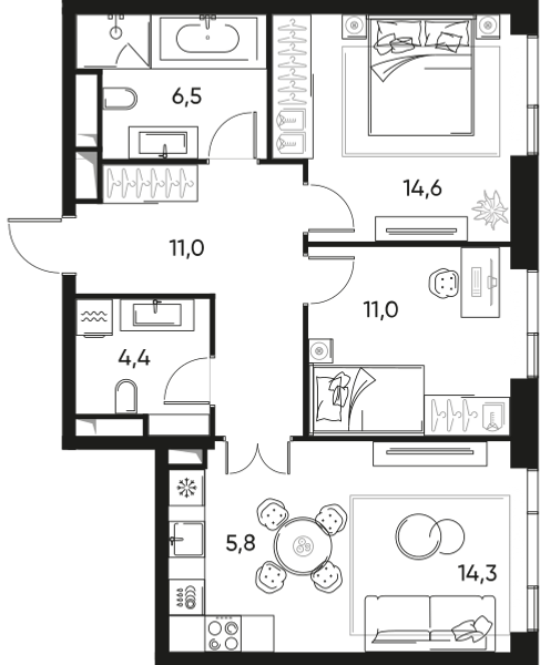 Планировка: 3-комнатная квартира, 67,6 м²