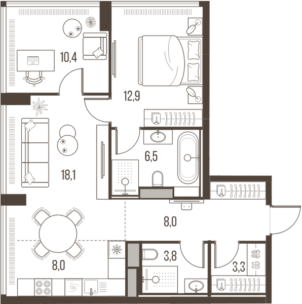 Планировка: 3-комнатная квартира, 71,1 м²