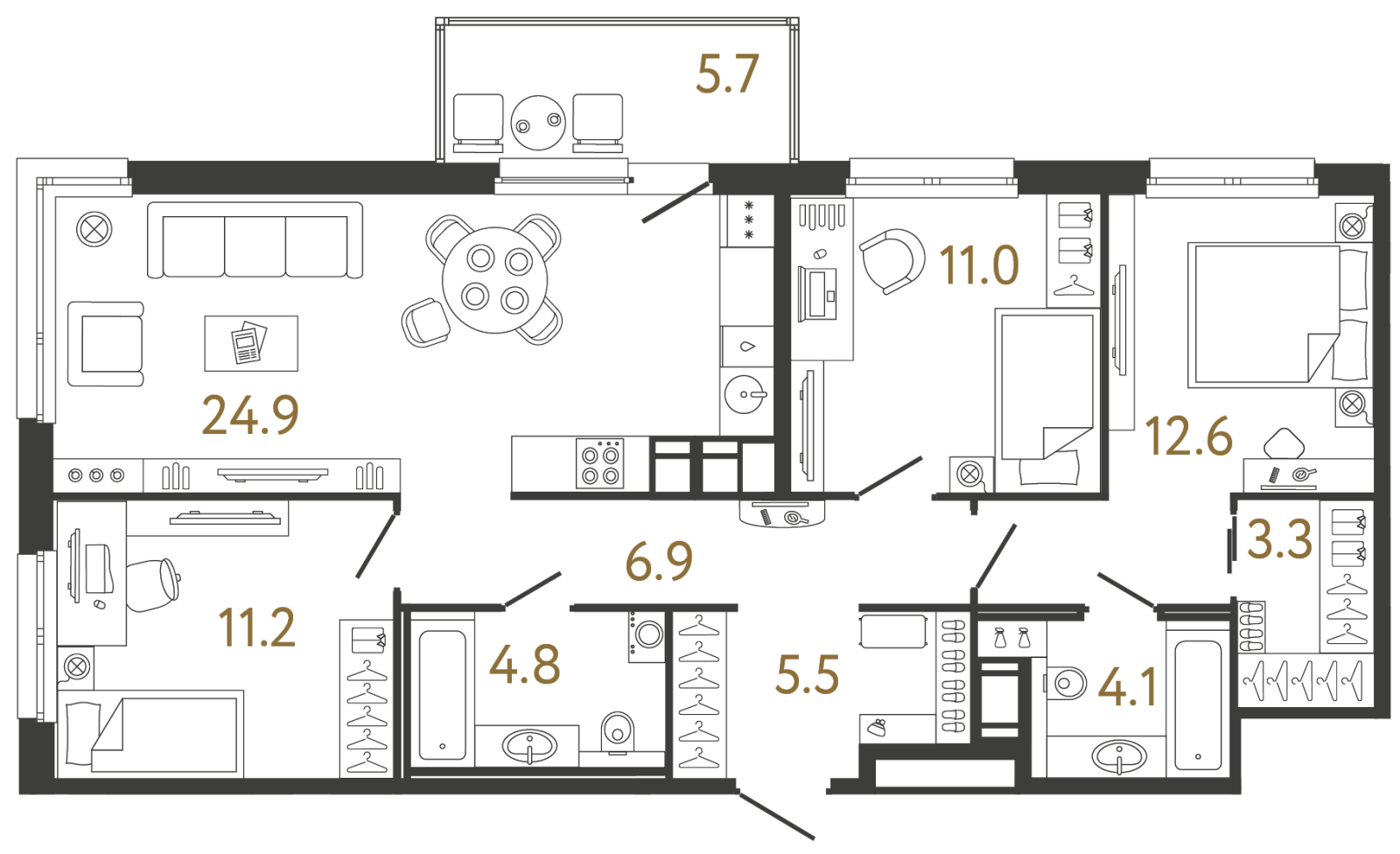 Планировка: 3-комнатная квартира, 84,3 м²