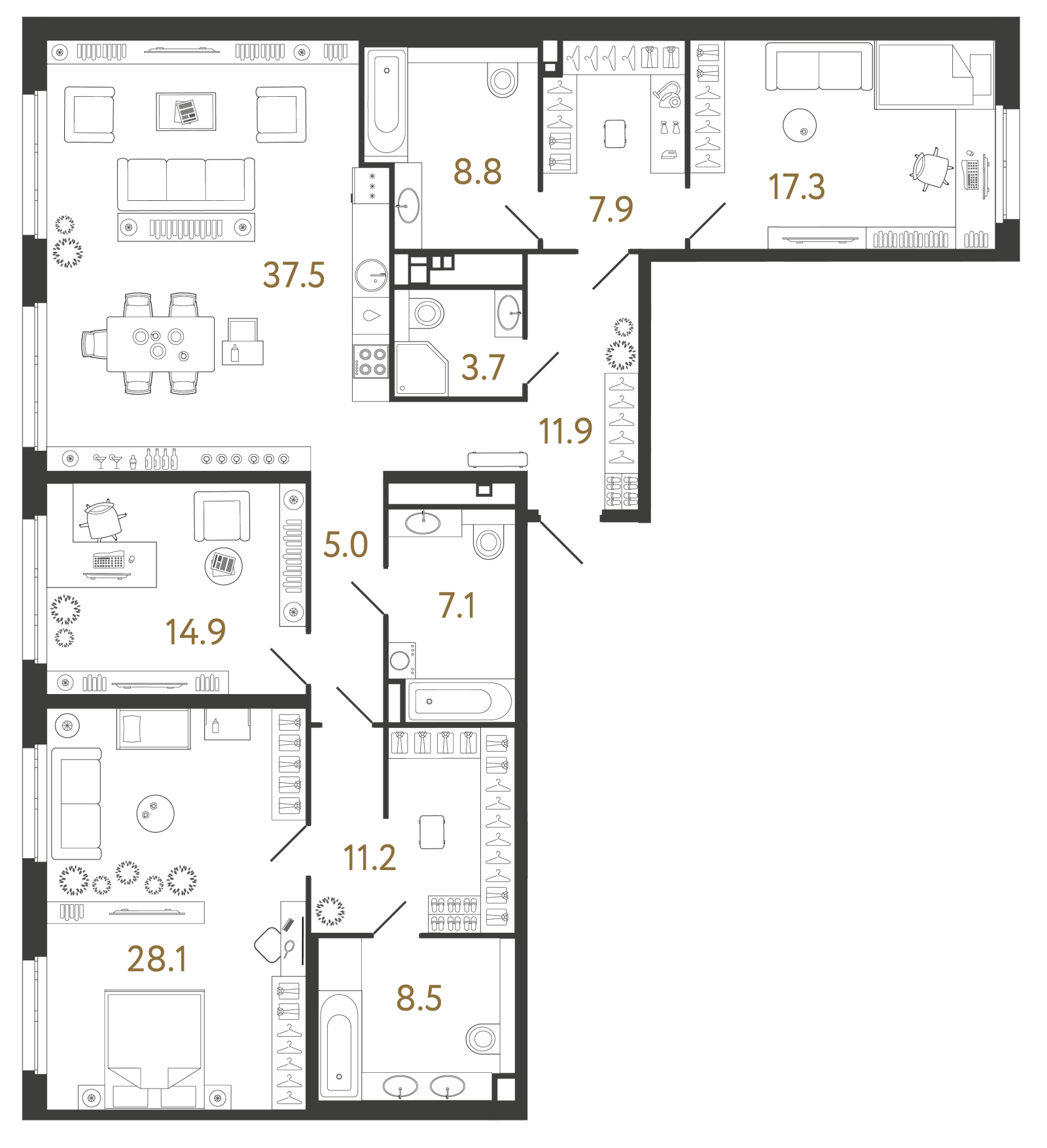 Планировка: 3-комнатная квартира, 161,9 м²