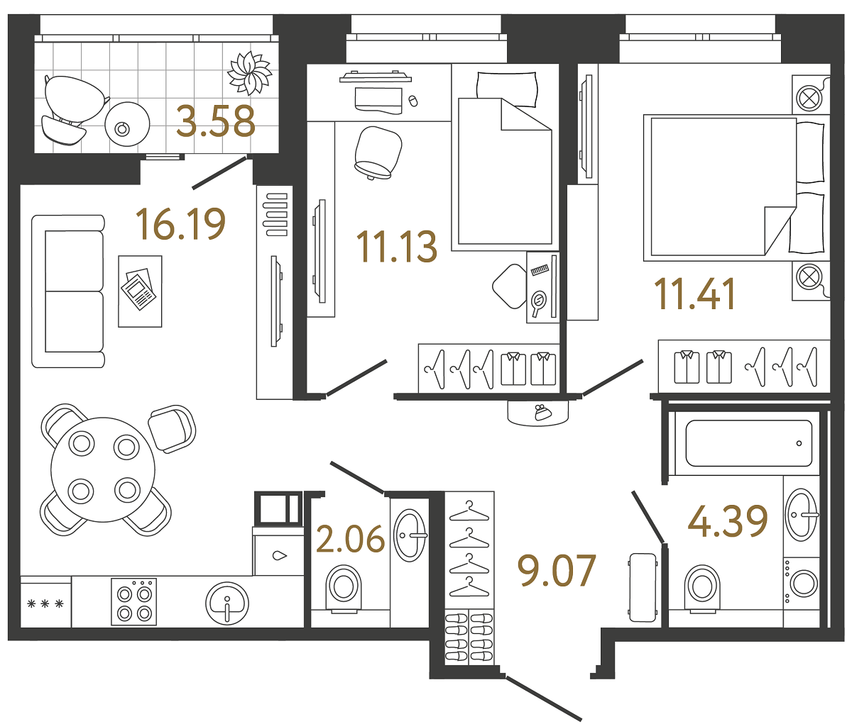 Планировка: 2-комнатная квартира, 54,3 м²