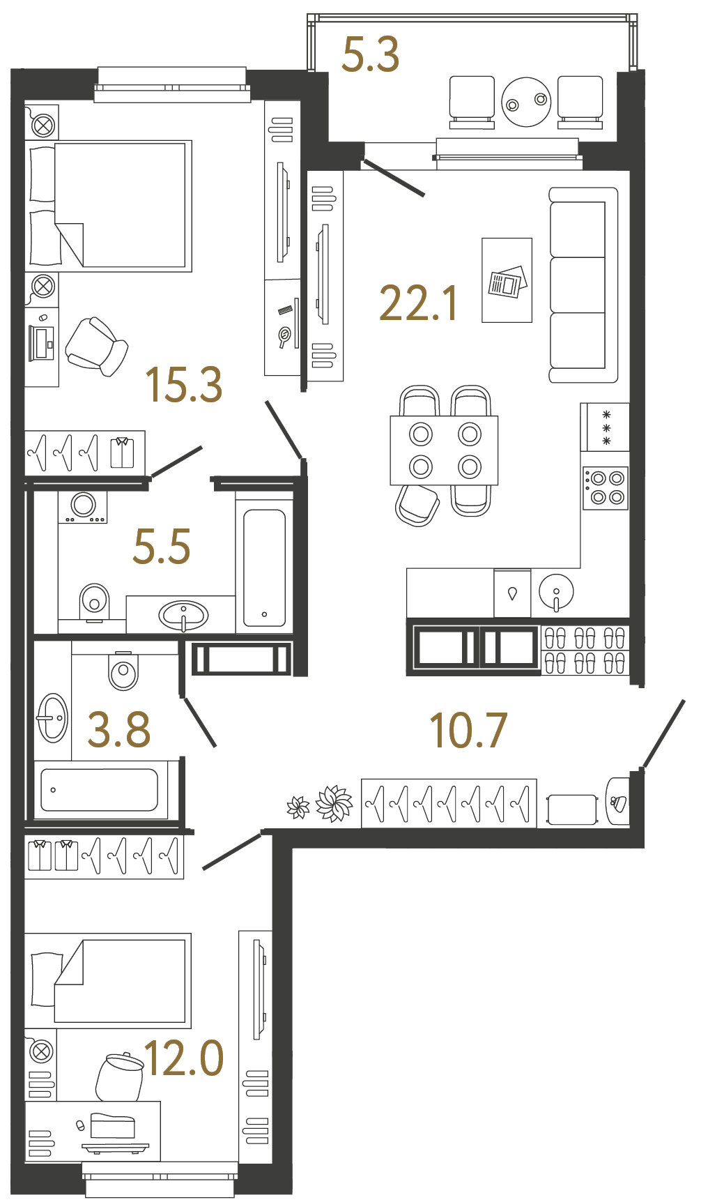 Планировка: 2-комнатная квартира, 69,4 м²