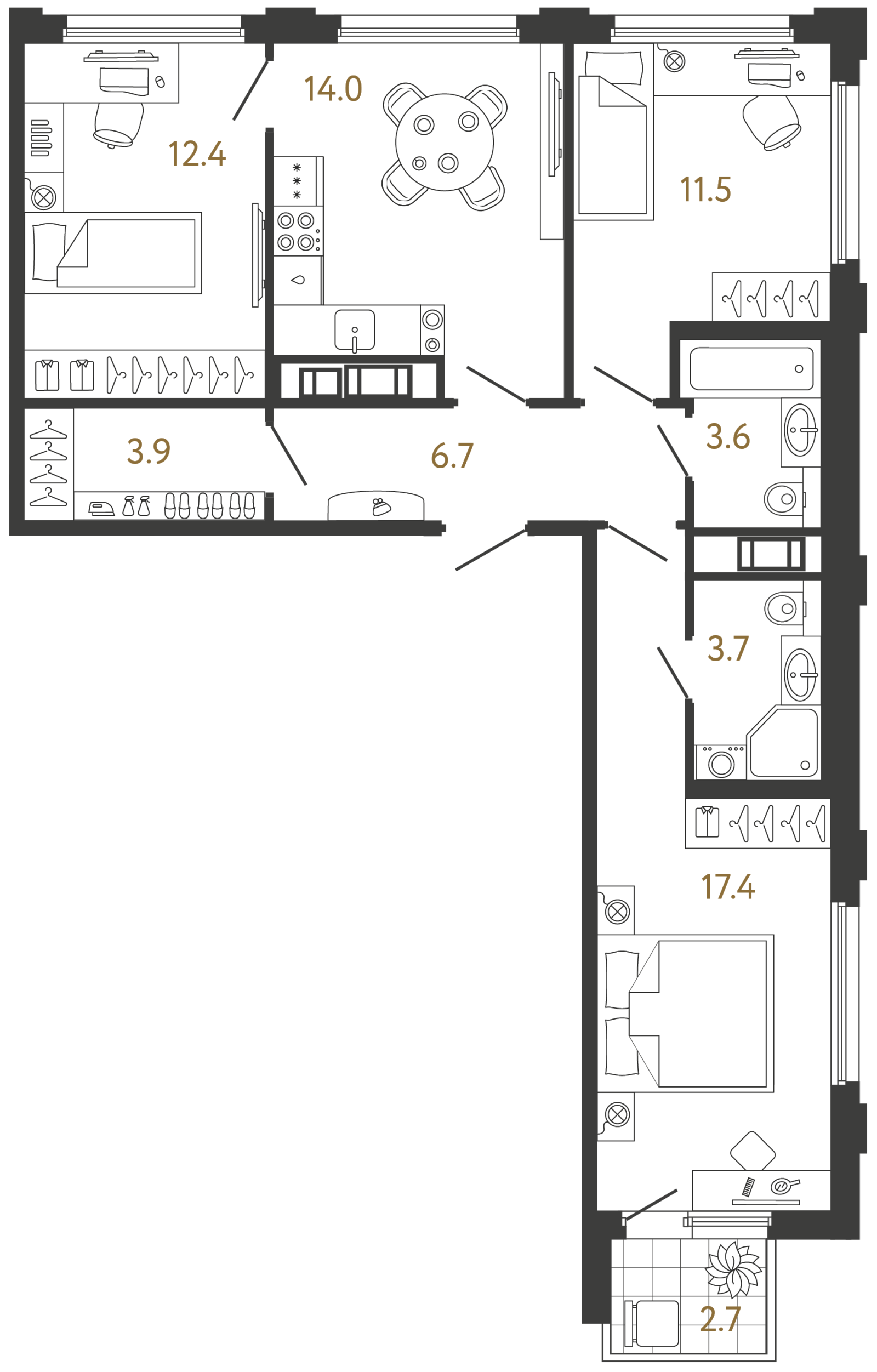 Планировка: 3-комнатная квартира, 73,2 м²