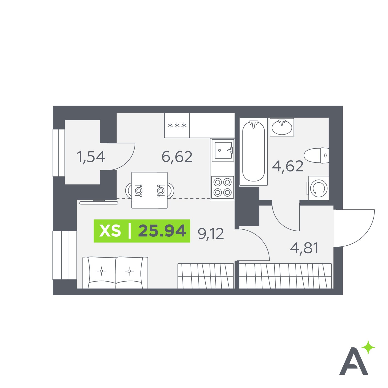Планировка: студия, 25,9 м²
