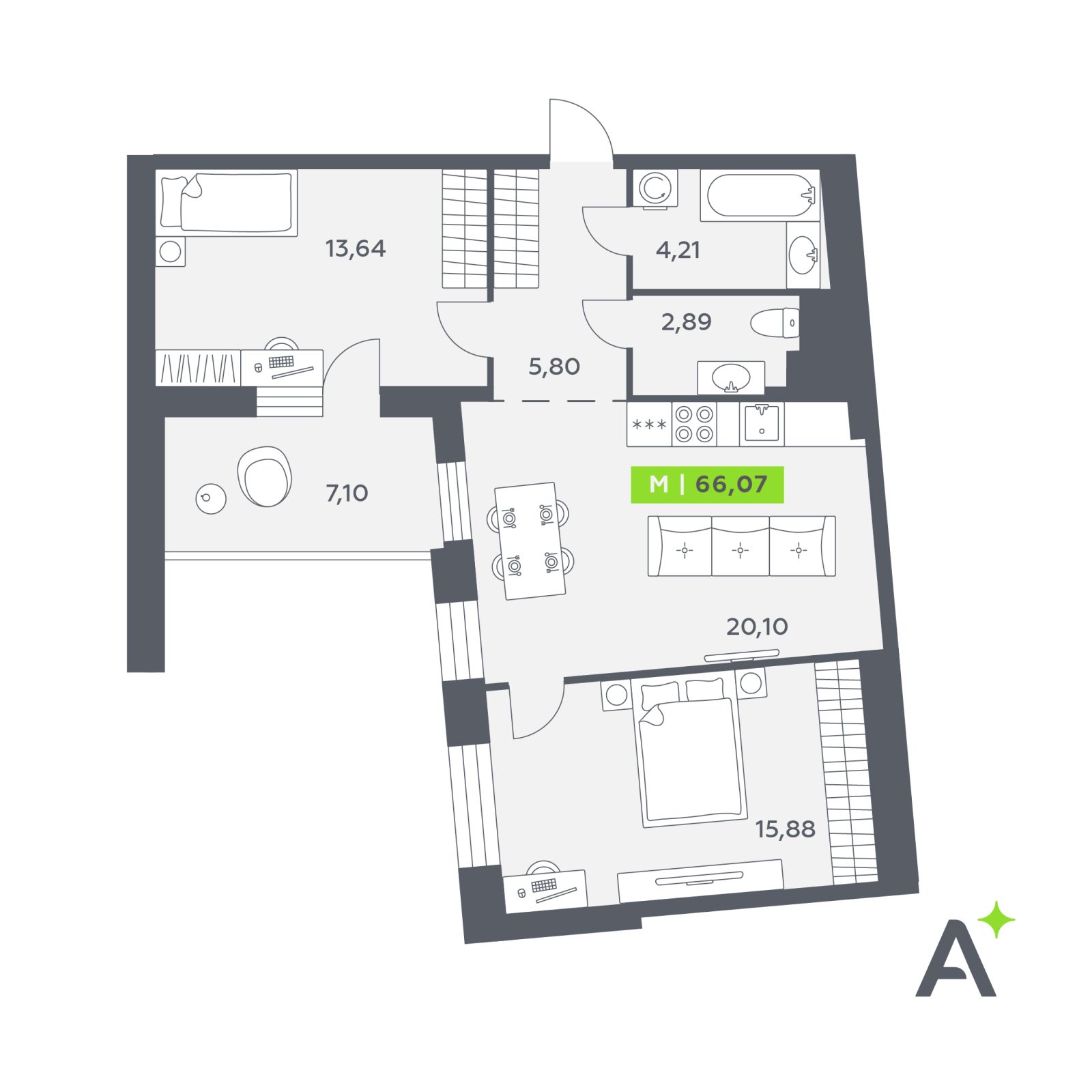 Планировка: 3-комнатная квартира, 66,1 м²