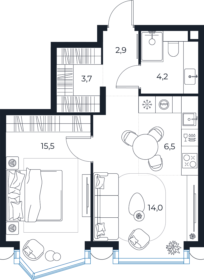 Планировка: 1-комнатная квартира, 46,8 м²