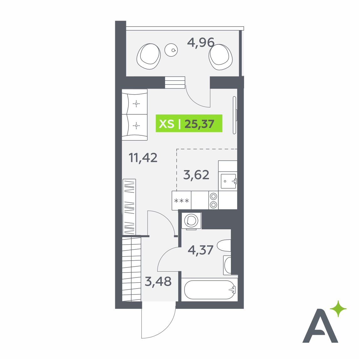 Планировка: студия, 25,4 м²