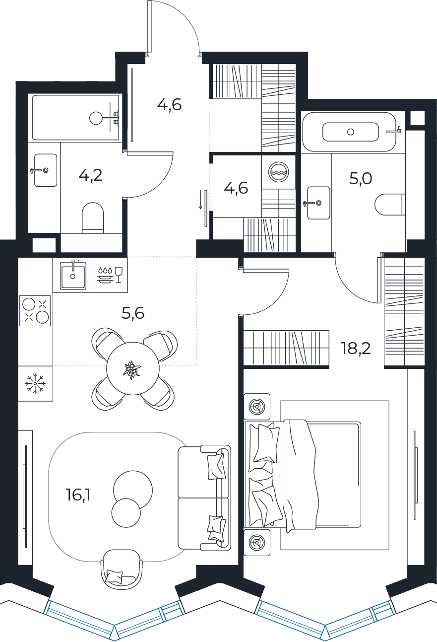 Планировка: 1-комнатная квартира, 58,3 м²