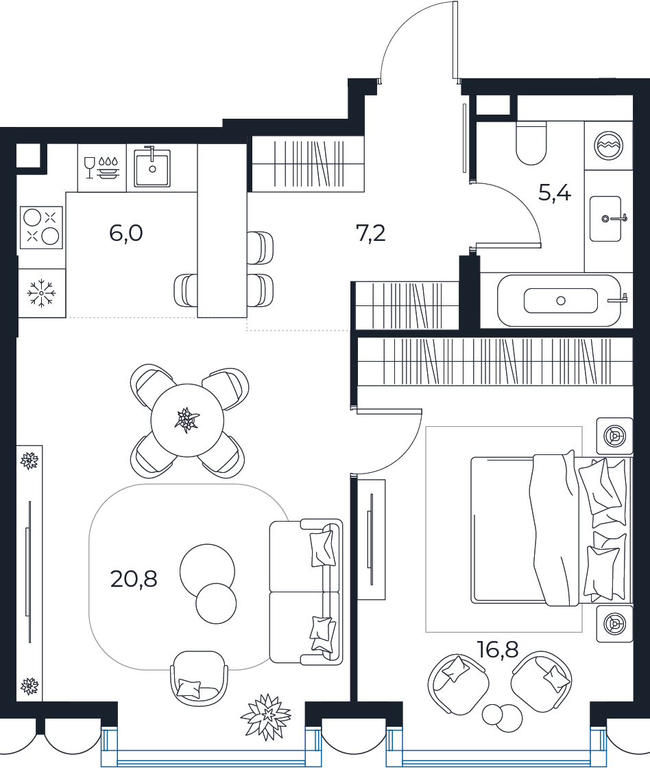 Планировка: 1-комнатная квартира, 56,1 м²