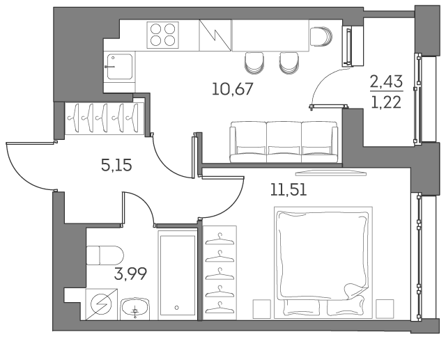 Планировка: 1-комнатная квартира, 32,5 м²