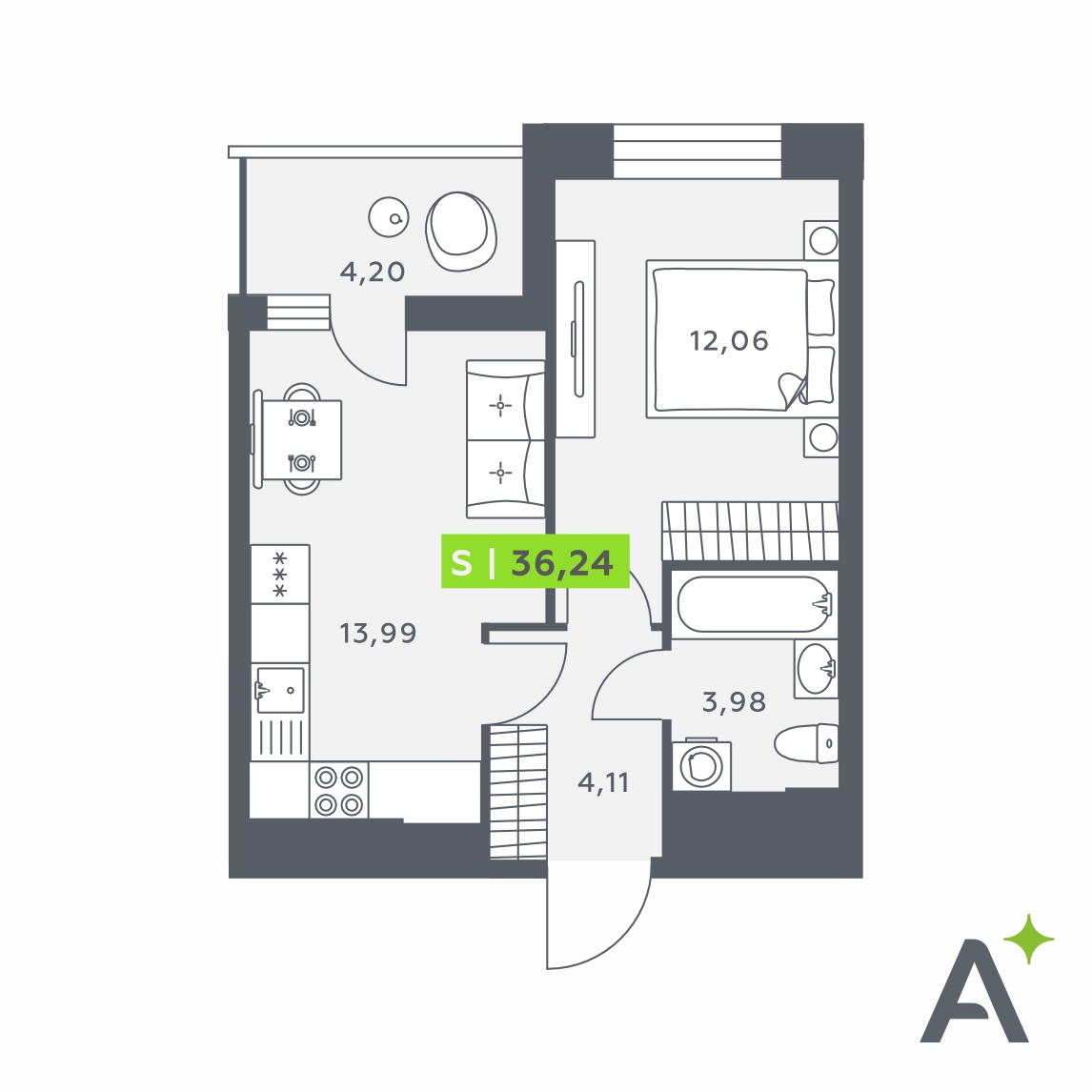 Планировка: 2-комнатная квартира, 36,2 м²