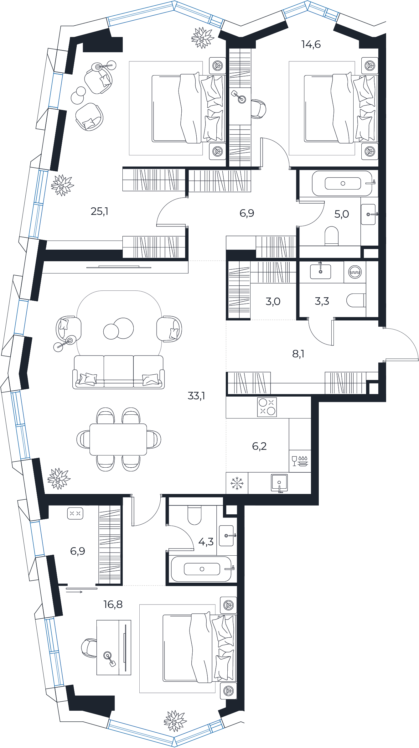 Планировка: 3-комнатная квартира, 133,3 м²
